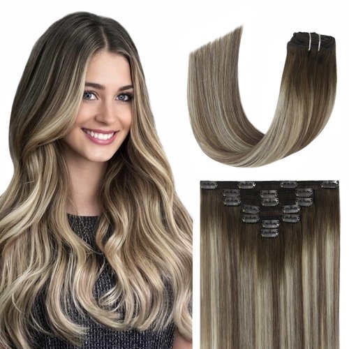 EYEFULL STELL Remy Human Hair Clip in Extensions for Women 18 inch 120G 7PCS Ombre Walnut Brown t...
