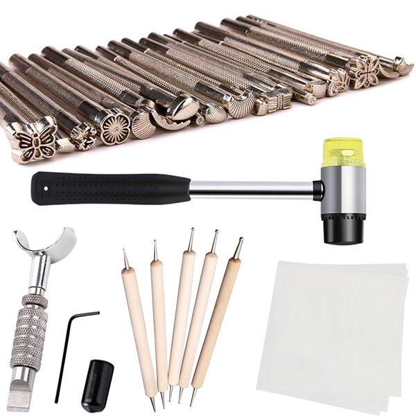 Leather Stamping Tools Kit,Leather Different Shape Saddle Making Stamp Punch Set,Leather Carving Tools Kit with Leather Working Hammer, Swivel Knife,Tracing Paper and Tracing Pen