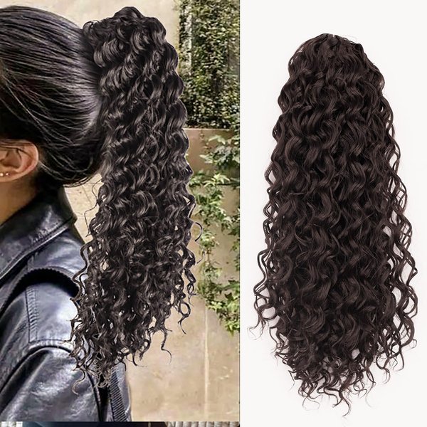Rexnoz 18 Inch Curly Ponytail Extension Drawstring ponytail Clip in Hair Extensions for women Curly Synthetic Hairpiece for Daily Use party(Dark Brown)