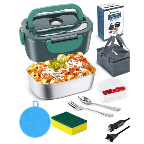 Dosevita Electric Lunch Box for Adults 80W Heated Lunch Box 12V 24V 110V 3 in 1 Faster Heating Lunch Warmer Portable for Work/Car/Truck with 304 Stainless Steel Container Spoon & Fork and Carry Bag