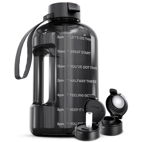 AQUAFIT 1 Gallon Water Bottle with Time Marker - Straw & Chug Lid - BPA Free Big Water Bottle with Straw - Gym Water Bottle with Handle - Motivational 1 Gallon Water Jug (128 oz, Gray)