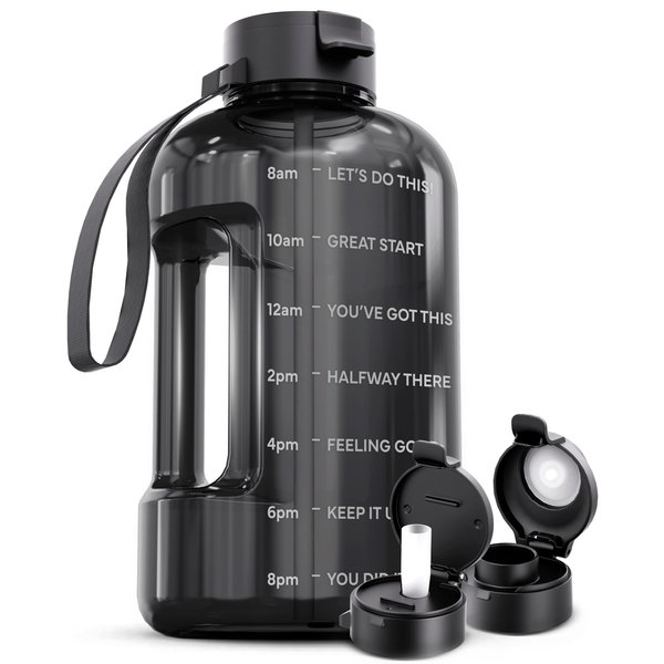 AQUAFIT 1 Gallon Water Bottle with Time Marker - Straw & Chug Lid - BPA Free Big Water Bottle with Straw - Gym Water Bottle with Handle - Motivational 1 Gallon Water Jug (128 oz, Gray)