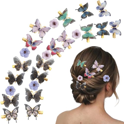 Drnytunk Butterfly Hair Clips for Girls, 18Pcs Glitter Butterfly Hair Clips 6Pcs Flower Hair Clips Vivid Butterfly Hair Clips with Rhinestones for Girls Realistic Handmade 90s Hair Clips, Purple