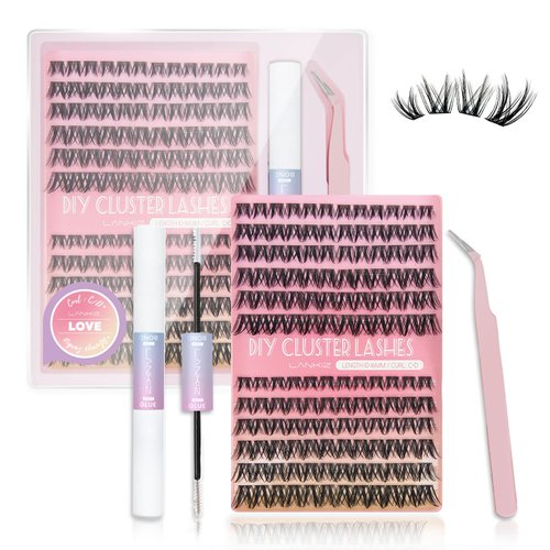 LANKIZ Manga Lashes Kit C+D Mix Lash Clusters Kit, Wispy DIY Lash Extension Kit,144pcs Individual Lashes with Waterproof Lash Bond & Seal, Natural Cluster Eyelash Extension Kit, pestaas pelo a pelo