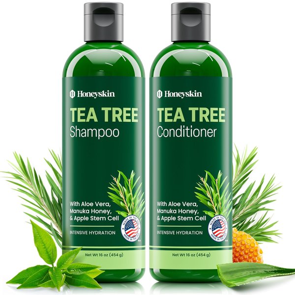 Tea Tree Shampoo and Conditioner Set - Dandruff Treatment With Organic Tea Tree Oil - Itchy Scalp Treatment for Women and Men - Sulfate and Paraben Free With Manuka Honey, Aloe Vera & Coconut (16oz)