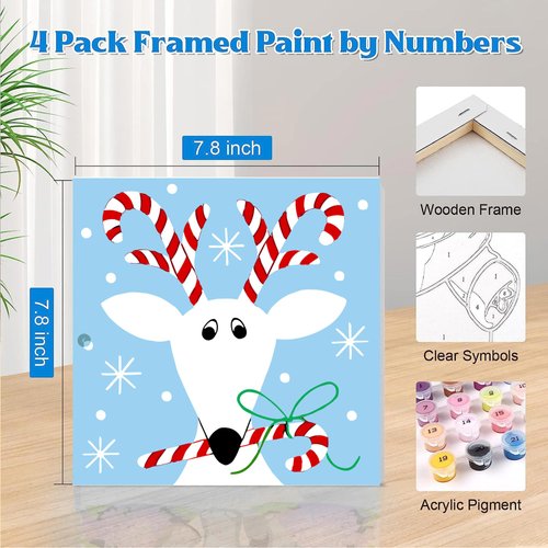 Yijingtop 4 Packs Framed Chrsitmas Paint by Numbers Kit for Kids Ages 8-12,Snowman Easy Acrylic Paint by Number Framed on Canvas,Number Painting Paint by Numbers Kit for Home Wall Decoe 8x8inch