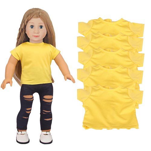 AugFrog 5 Pcs Doll T-Shirts for 18 Inch Dolls, Summer Outfit Doll Clothes Doll Accessories, Short Sleeved T-Shirts Classical Tee Fit for 18 Inch Doll (Yellow)