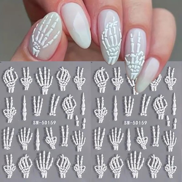 2Pcs Halloween Skull Nail Art Stickers 5D Embossed Nail Decals Skeleton Nail Stickers Horrible Hand Finger Bones Halloween Nail Design Adhesive White Skull Nail Supplies for Women Nail Decoration
