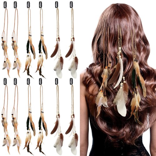 Geyoga 12 Pcs Feather Hair Clip Boho Hair Extensions with Feather Hippie DIY Hair Accessories Indian Feather Headband Hairpin Tribal Feather Braided Beads Comb Clip Headdress Indian Costume for Women