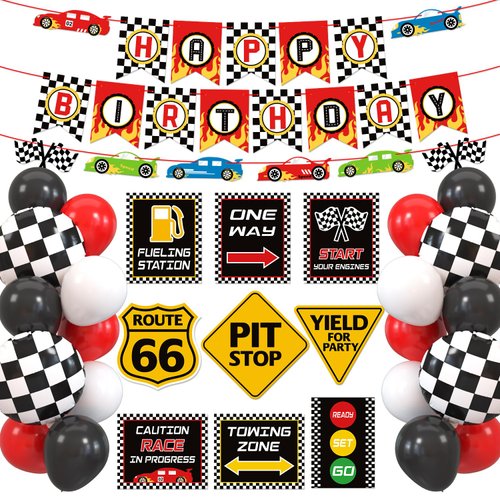 Race Car Birthday Party Decoration Set Race Car Party Signs Racing Birthday Banner Checkered Flags Balloons for Boys Let's go Racing Party Supplies