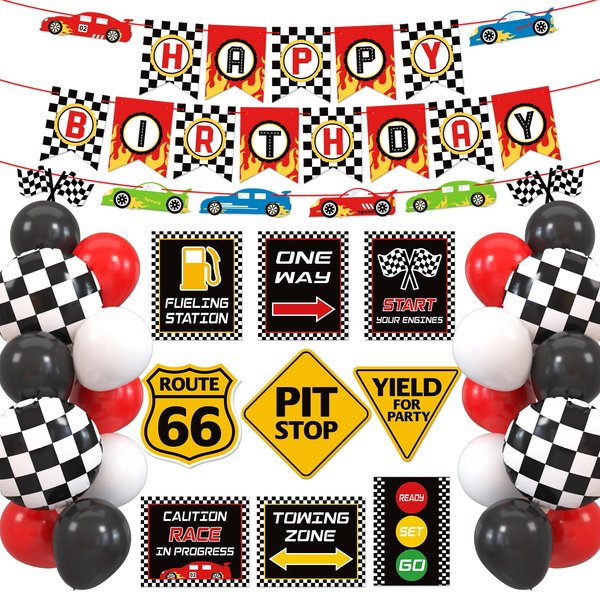 Race Car Birthday Party Decoration Set Race Car Party Signs Racing Birthday Banner Checkered Flags Balloons for Boys Let's go Racing Party Supplies