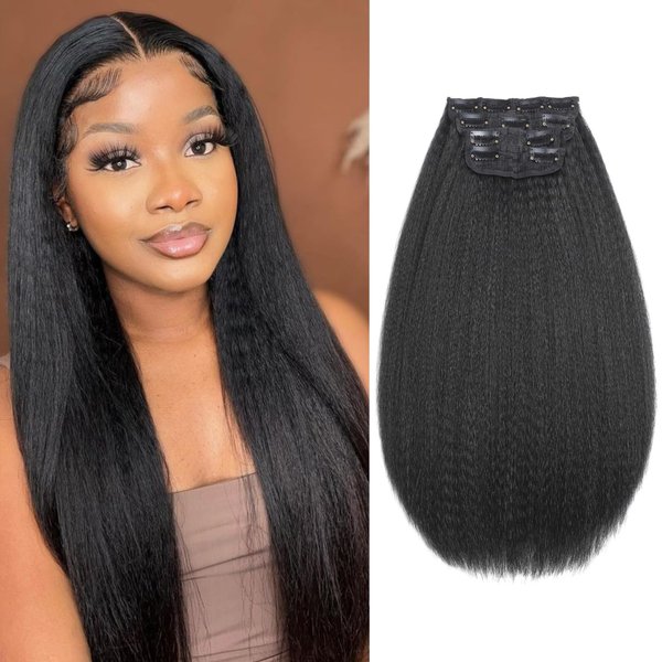 Kinky Straight Clip in Hair Extensions for Black Women Natural Black Full Head Yaki Kinky Straight Synthetic Hair 4Pcs 11 Clips 140g/Set (16 inch)