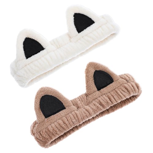 Xinjoduz 2PCS Cute Cat Ear Spa Headband for Washing Wristbands Face Skincare Headband Soft Makeup Animal Headbands Women Girls Trendy Stuff Gifts Facial Wash Hair Accessories(Beige & Brown)