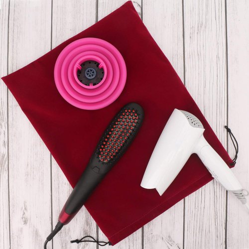 Segbeauty Blow Dryer Bag, Hair Dryer Storage Bag, 11.8x15.7 inches Satin Lined Storage Bags with Drawstring Wine Red Velvet Pouch Bag Travel Organizer for Diffuser, Straighteners, Clothes