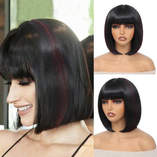 GUOJIAN 12 Inch Short Bob Wigs with Bangs Straight Bob Wigs for Women Synthetic Bob Wigs Natural Looking for Daily Party Cosplay (1B/BUG, 12inch)