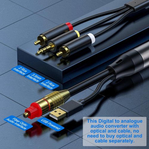 Digital Optical Cable to RCA Analog Audio Converter, Optical to 2 RCA and 3.5mm Digital to Analog Converter for TV/PS4/Xbox/DVD SPDIF/TOSLINK/Optical Port to Sound Box Amplifier Headset (10ft)