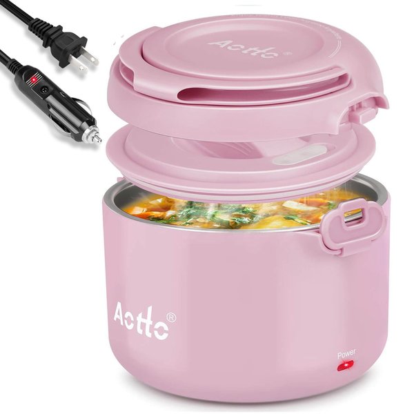 Aotto Electric Lunch Box, 50/70/80W 3 in 1 Portable Food Warmer Heated Lunch Boxes for Adults, 12V 24V 110V Food Heater for Car/Truck/Travel/Office/Work/Home 32oz Leakproof Mini Personal, Pink