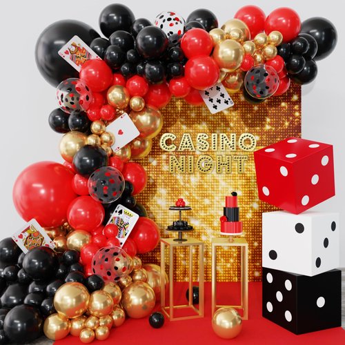 144PCS Dice Favor Boxes Casino Theme Party Decorations , Casino Balloon Arch Garland Kit Red Black Gold Dice Crown Poker Foil Balloons for Poker Las Vegas Game Night Casino Party Supplies