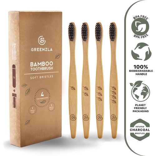 GREENZLA Bamboo Toothbrush (4 Pack) with Travel Case & Charcoal Dental Floss | BPA Free Soft Bristles | Eco-Friendly, Natural Bamboo Toothbrush Set | Biodegradable & Compostable Wooden Toothbrushes