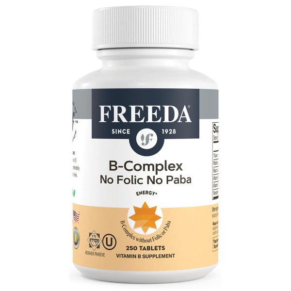 Freeda Vitamin B Complex No Folic No PABA - Super B Complex Kosher Vitamin Supplement with Vitamin B1 Vitamin B2 Vitamin B3 Vitamin B5 Vitamin B6 Vitamin B12 - Vit B Complex B for Women & Men (250 Ct)
