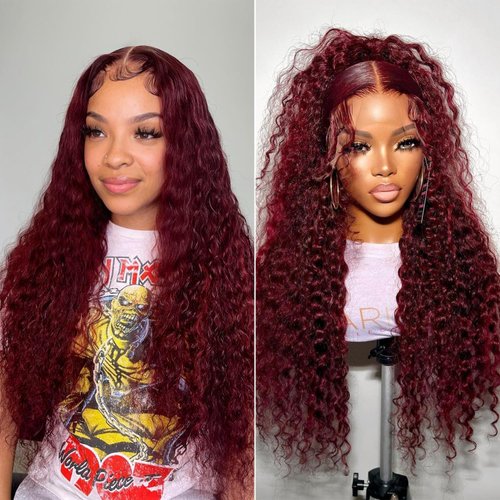 Burgundy Deep Wave Lace Front Wigs Human Hair Wigs for Women 99j Curly Human Hair 13x5 Hd Lace Frontal Remy Human Hair Wig pre Plucked 180% Density 26 Inch