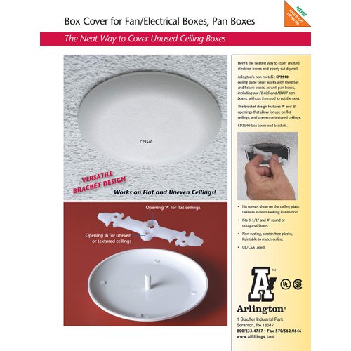 Arlington CP3540-1C Ceiling Box Cover Plate for 3-1/2" & 4" Boxes, Paintable