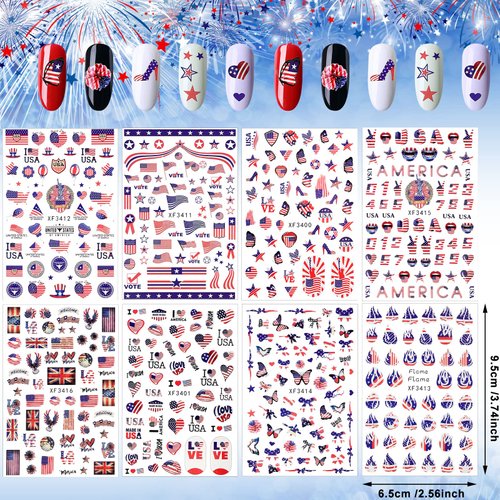16 Sheets 4th of July Patriotic Nail Art Stickers Independence Day Nail Decals American Flag DIY Self-Adhesive Nail Stickers Memorial Day Butterfly Heart Shape Nail Wraps