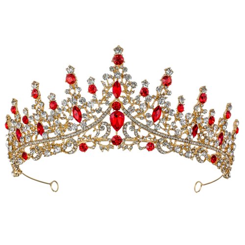Samky Gold Bridal Headpiece Red Rhinestone Wedding Tiara Crown Crystal Hair Accessories for Bride