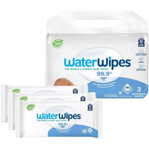WaterWipes Plastic-Free Original Baby Wipes, 99.9% Water Based Wipes, Unscented & Hypoallergenic for Sensitive Skin, 180 Count (3 packs), Packaging May Vary