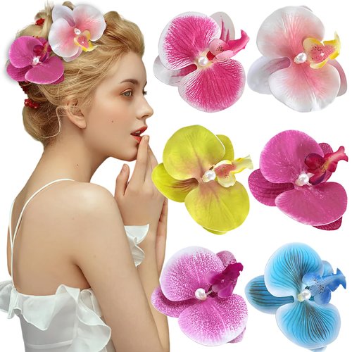 BASEMMAHER 6 Colors Flower Hair Clips Hawaiian Butterfly Orchid Hairpin Bohemian Artificial Phalaenopsis Hair Barrette Hair Accessories for Women Girls Bridal Wedding Beach Seaside Holiday Headwear