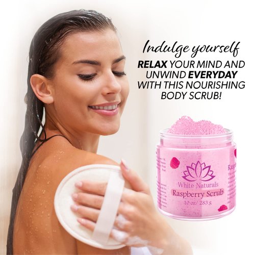 Organic Raspberry Scrub, Natural Exfoliating Salt Body & Face Scrub, Pure Exfoliator Helps with Moisturizing Skin, Cellulite, Dead Skin Cells, Deep Cleansing, Moisturizes 10 oz