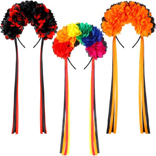 Riceshoot 3 Pcs Halloween Flower Headband Day of the Dead Floral Headband Mexican Flower Crown Headband Halloween Festival Wedding Headband for Women Halloween Masquerade Bridal Party Dress up