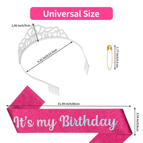 Araluky Silver Birthday Crown Adult Woman & Glitter Its My Birthday Sash for Women Birthday Tiara for Women Birthday Hat Birthday Girl Crown for Women Parties Favors Pink Birthday Decorations Gift
