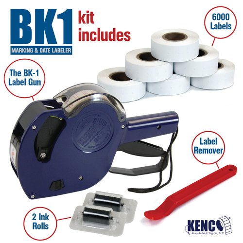 Kenco BK 1 Line Price Gun Kit - Includes 6,000 Labels, 2 Ink Rollers, Label Scraper - 8 Digit Labeler for Pricing, Dating, and Coding (BK-1 KIT Standard)