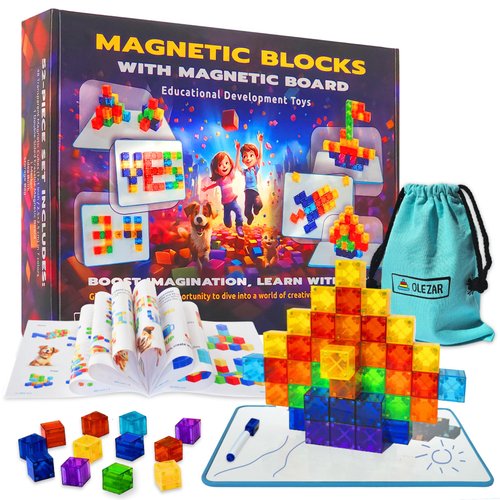 48pcs Magnetic Transparent Blocks, 1inch, 2-in-1 STEM Set with Magnetic Board, Marker & Book, Educational Building Toy for Kids 3-5, Learning Building Magnet Toys, Magnetic Cubes for Kids Ages 4-8