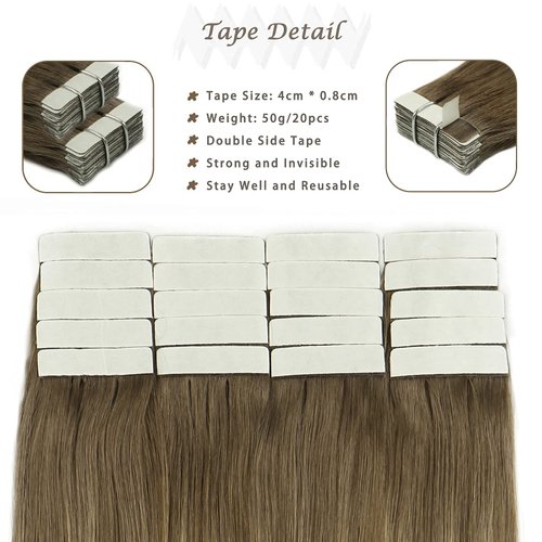 Tape in Hair Extensions Light Brown Mix with Platinum Blonde 14 Inch 50 Grams 20pcs Hair Extensions Tape Natural Soft Silky Straight Tape in Human Hair Extensions Natural Soft Tick Extensions
