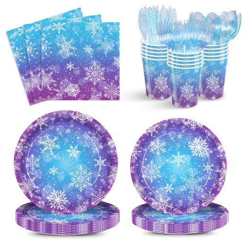 AURORAPARTY 168pcs Fouzen Party Supplies Snowflake Party Plates Napkins Winter Wonderland Party Supplies Paper Cup Party Tableware for Winter Holiday Party Serve 24 Guests