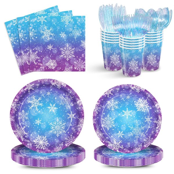 AURORAPARTY 168pcs Fouzen Party Supplies Snowflake Party Plates Napkins Winter Wonderland Party Supplies Paper Cup Party Tableware for Winter Holiday Party Serve 24 Guests