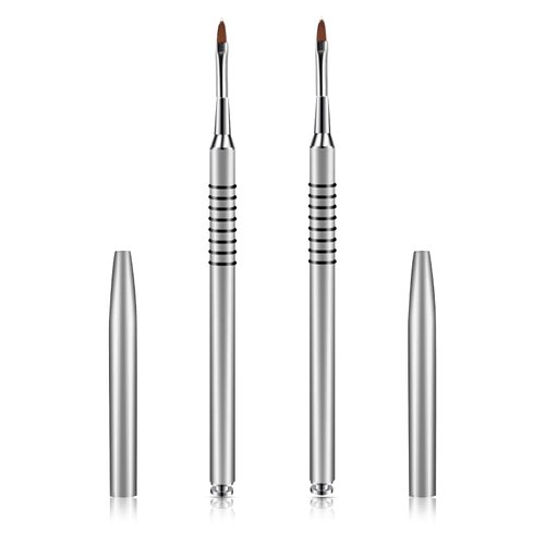 2Pcs Kolinsky Nail Art Brush, 3D Acrylic Nail Brushes Set for Acrylic Powder, Silver Metal Nail Painting Brush Pen Set, Nail Salon Lining Brushes with Non-Slip Handle (Size #4)