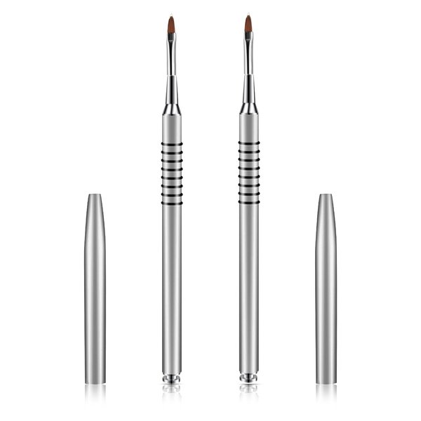 2Pcs Kolinsky Nail Art Brush, 3D Acrylic Nail Brushes Set for Acrylic Powder, Silver Metal Nail Painting Brush Pen Set, Nail Salon Lining Brushes with Non-Slip Handle (Size #4)