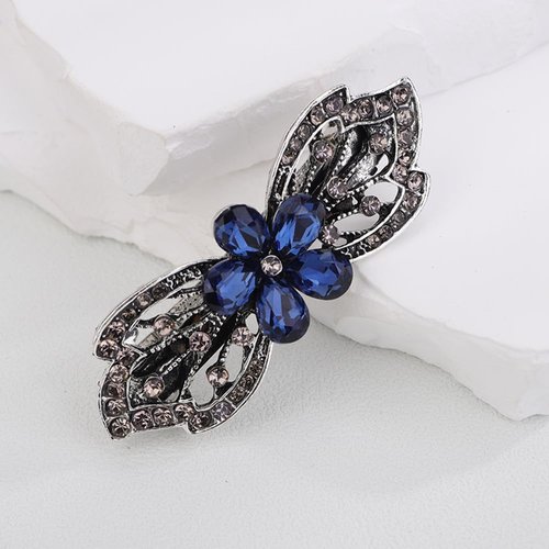 Kercisbeauty Blue Crystal Beads Flower Silver Leaves Hair Clasp Vintage Hair Barrettes for Women Girls Wedding Jewelry for Thin Hair (Flower)