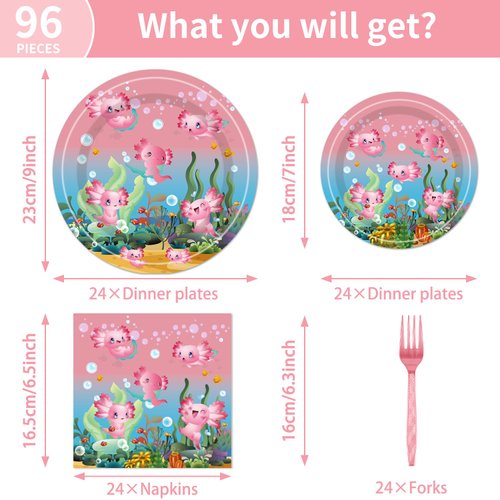 96pcs Axolotl Birthday Party Supplies - Pink Reptile Animals Axolotl Plates Napkins Forks Disposable Tableware Set Girl Axolotl Party Decorations Serves 24 Guests