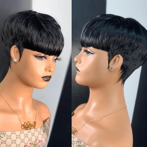 QiaQiaRing Pixie Cut Wig Human Hair Wigs For Black Women Short Layered Pixie Cut Wigs Full Machine Made Wigs Brazilian Virgin Human Hair Wigs For Women Glueless Wigs Nature Black Color