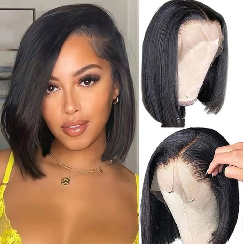 Straight Bob Wig Human Hair 13x4 Short Bob Lace Front Wigs Human Hair 180 Density Straight Bob Wig Human Hair Glueless HD Lace Bob Wigs For Black Women Pre Plucked 100% Human Hair Wigs (12 Inch)