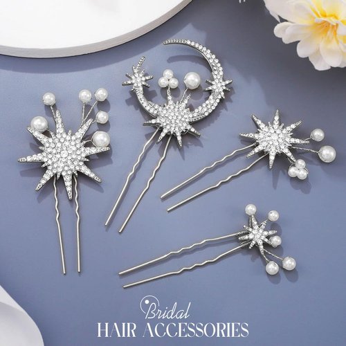 BARTOSI Silver Moon Star Hair Pins Rhinestone Bridal Hair Clips Pearl Bride Wedding Hair Accessories for Women and Girls (Pack of 4)
