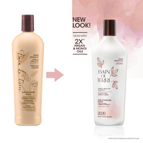 Bain de Terre Sweet Almond Oil Long & Healthy Shampoo, Strength & Protection for Weak, Damaged Hair, with Argan & Monoi Oils, Paraben-Free, Color-Safe, Vegan, 13.5 Fl Oz