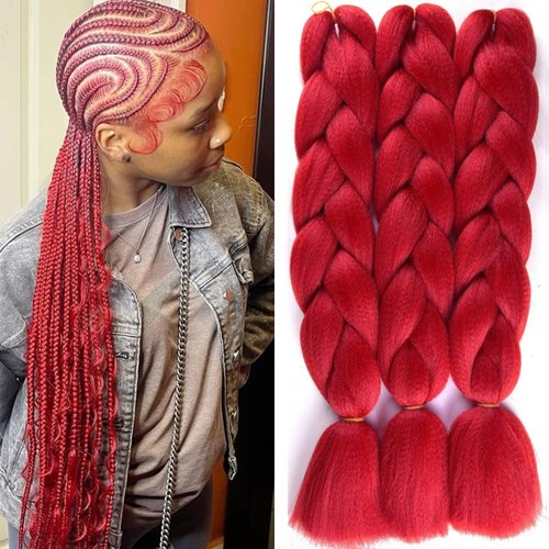 Royota Jumbo Braiding Hair Red Hair Extensions 3 Pack 24 Inch for Braid Hair High Temperature Synthetic Colored Hair Extensions For Braiding(3 Packs 24", Red)