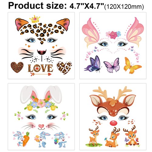HOWAF 10 Sheets Kids Animal Face Tattoo for Birthday Party Favors, Water Transfer Butterfly Deer Bunny Leopard Squirrel Face Painting Temporary Tattoos for Boys Girls Festive Makeup Halloween Party