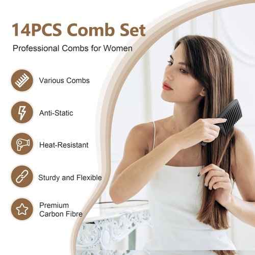SALONSILK Women Hair Comb Set - 14PCS Wide Tooth Comb Rat Tail Combs - Styling Combs Pick for Curly - Teasing Parting Fine Comb - Professional Barber Cutting Braiding Combs Set