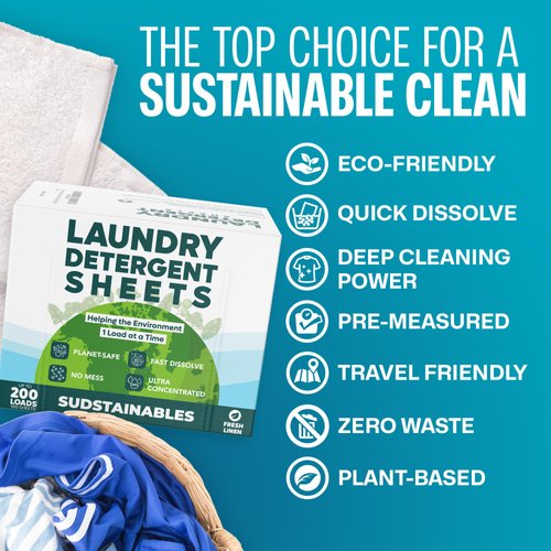 Eco Friendly Laundry Detergent Sheets (100 sheets 200 loads) - Plant based Free and Clear Strips for HE machine, travel, home clothes washing (Fresh Linen)